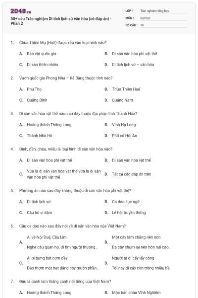 50+ câu Trắc nghiệm Di tích lịch sử văn hóa (có đáp án) - Phần 2