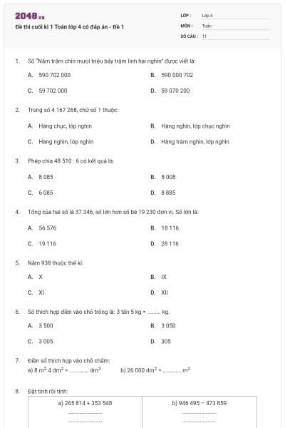 Đề thi cuối kì 1 Toán lớp 4 có đáp án - Đề 1