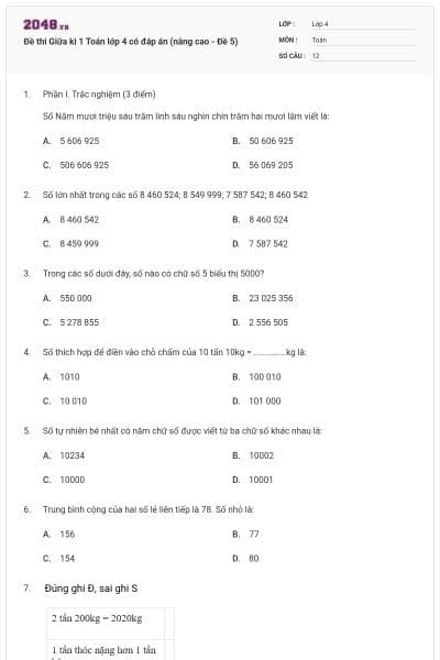Đề thi Giữa kì 1 Toán lớp 4 có đáp án (nâng cao - Đề 5)