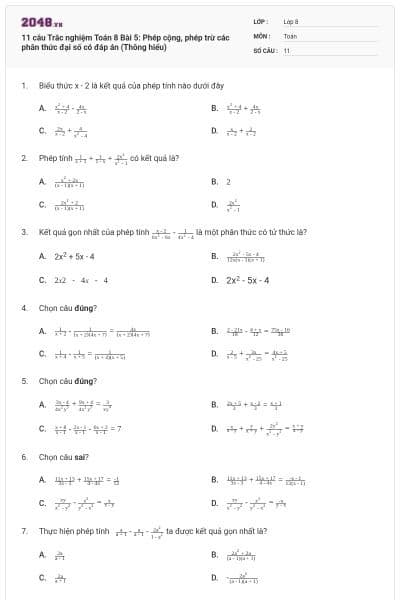11 câu Trắc nghiệm Toán 8 Bài 5: Phép cộng, phép trừ các phân thức đại số có đáp án (Thông hiểu)