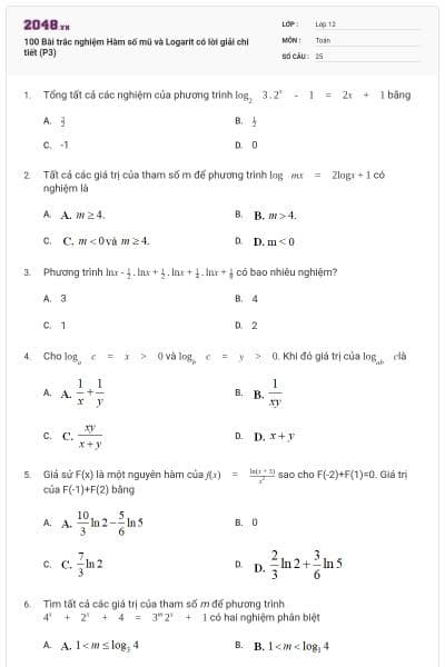 100 Bài trắc nghiệm Hàm số mũ và Logarit có lời giải chi tiết (P3)