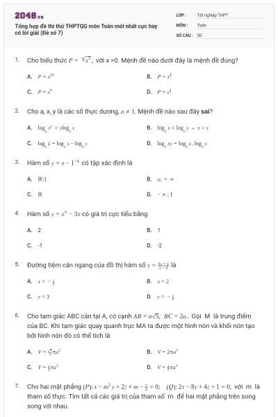 Tổng hợp đề thi thử THPTQG môn Toán mới nhất cực hay có lời giải (Đề số 7)