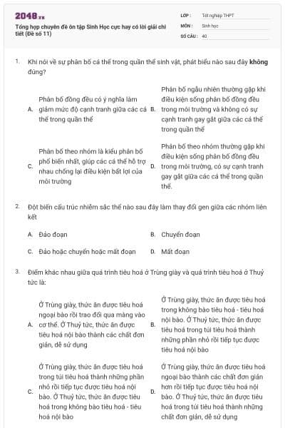 Tổng hợp chuyên đề ôn tập Sinh Học cực hay có lời giải chi tiết (Đề số 11)