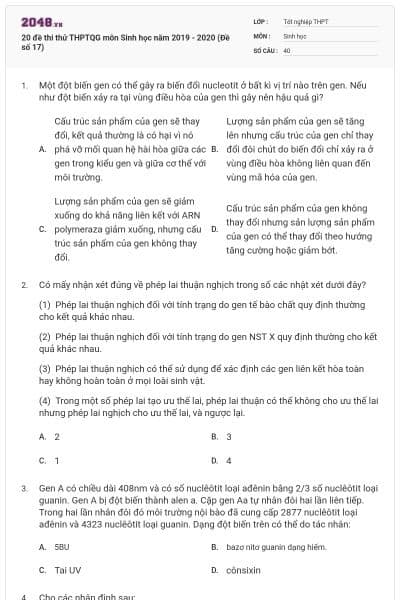 20 đề thi thử THPTQG môn Sinh học năm 2019 - 2020 (Đề số 17)