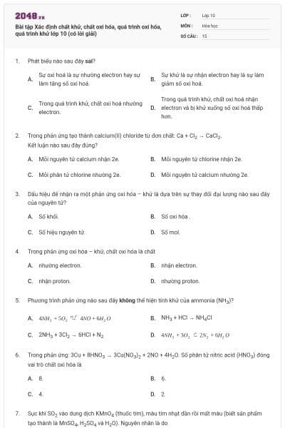 Bài tập Xác định chất khử, chất oxi hóa, quá trình oxi hóa, quá trình khử lớp 10 (có lời giải)