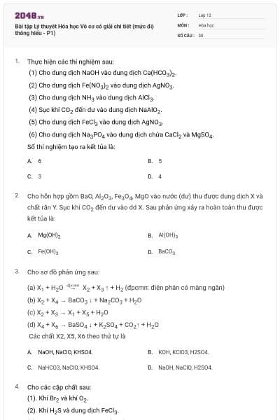 Bài tập Lý thuyết Hóa học Vô cơ có giải chi tiết (mức độ thông hiểu - P1)
