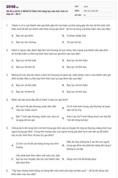 Đề thi cuối kì 2 GDCD 8 Chân trời sáng tạo cấu trúc mới có đáp án - Đề 4