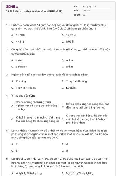 15 đề Ôn luyện Hóa học cực hay có lời giải (Đề số 10)