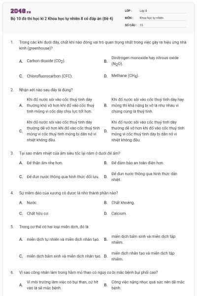 Bộ 10 đề thi học kì 2 Khoa học tự nhiên 8 có đáp án (Đề 4)