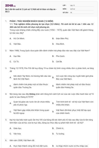 Bộ 3 đề thi cuối kì 2 Lịch sử 12 Kết nối tri thức có đáp án - Đề 3