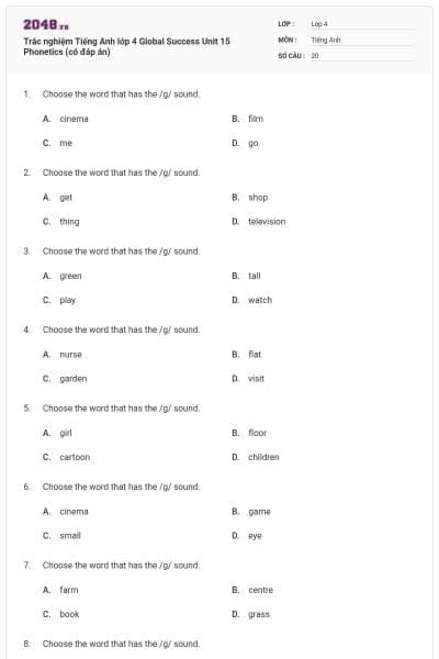 Trắc nghiệm Tiếng Anh lớp 4 Global Success Unit 15 Phonetics (có đáp án)