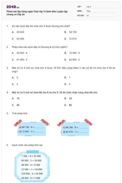 Phiếu bài tập hàng ngày Toán lớp 3 Cánh diều Luyện tập chung có đáp án