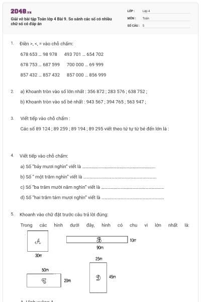 Giải vở bài tập Toán lớp 4 Bài 9. So sánh các số có nhiều chữ số có đáp án