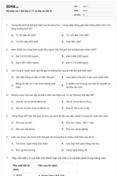 Đề kiểm tra 1 tiết Địa Lí 11 có đáp án (Đề 4)