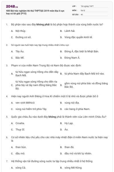 400 Bài trắc nghiệm thi thử THPTQG 2019 môn Địa lí cực hay có lời giải (P10)