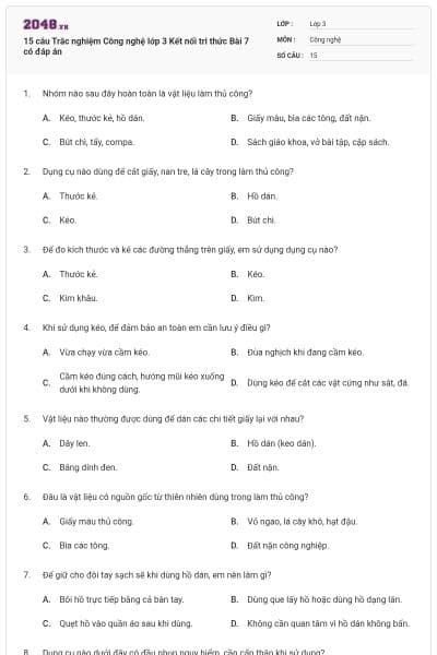 15 câu Trắc nghiệm Công nghệ lớp 3 Kết nối tri thức Bài 7 có đáp án