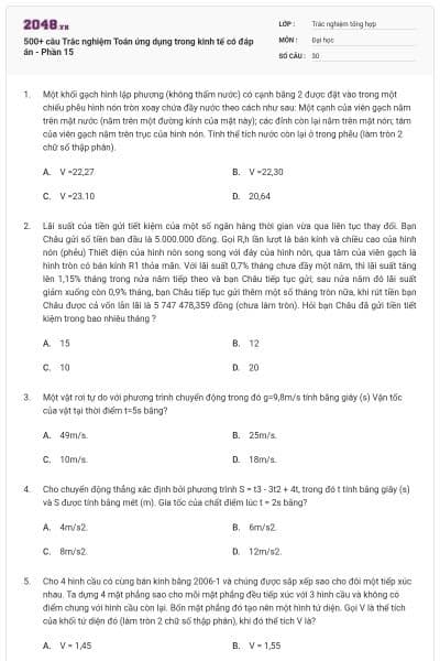 500+ câu Trắc nghiệm Toán ứng dụng trong kinh tế có đáp án - Phần 15