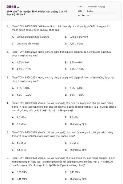 200+ câu Trắc nghiệm Thiết kế nền mặt đường ô tô (có đáp án) - Phần 8