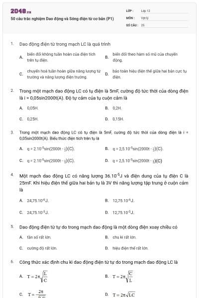 50 câu trắc nghiệm Dao động và Sóng điện từ cơ bản (P1)