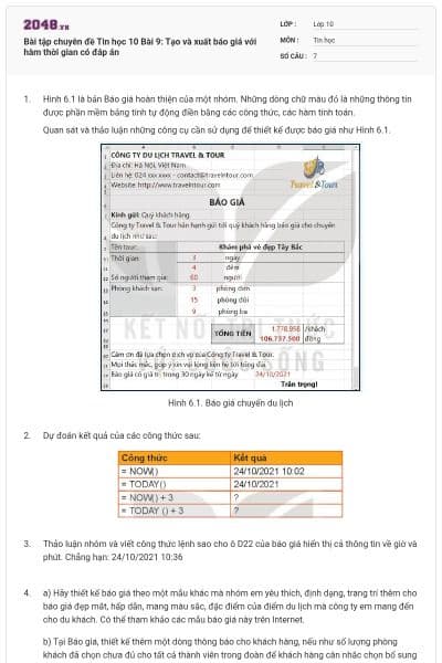 Bài tập chuyên đề Tin học 10 Bài 9: Tạo và xuất báo giá với hàm thời gian có đáp án