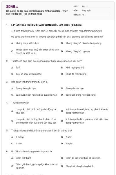 Đề cương ôn tập cuối kì 2 Công nghệ 12 Lâm nghiệp - Thủy sản (có đáp án) - Đề thi tham khảo
