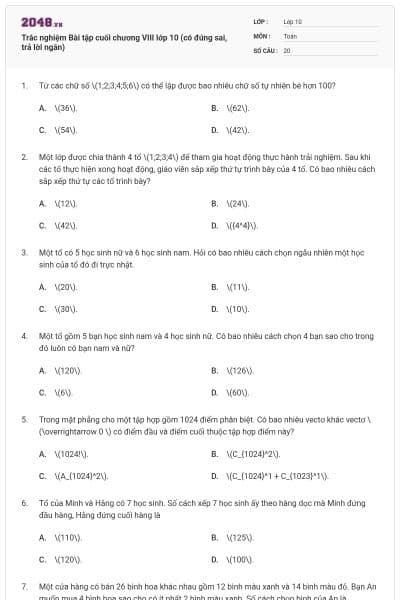 Trắc nghiệm Bài tập cuối chương VIII lớp 10 (có đúng sai, trả lời ngắn)