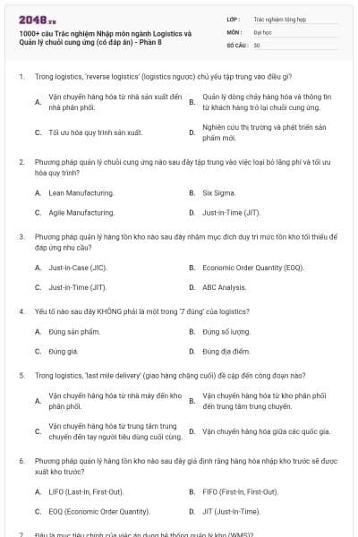 1000+ câu Trắc nghiệm Nhập môn ngành Logistics và Quản lý chuỗi cung ứng (có đáp án) - Phần 8