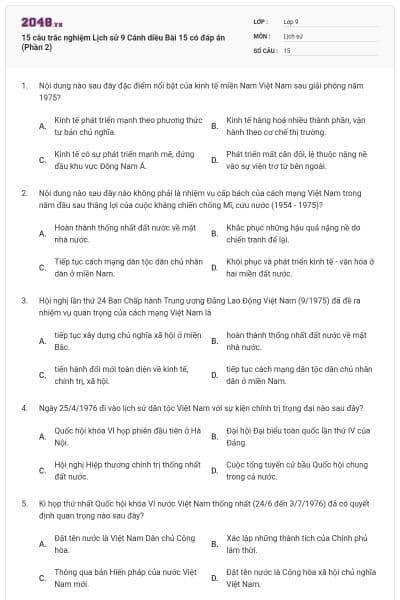 15 câu trắc nghiệm Lịch sử 9 Cánh diều Bài 15 có đáp án (Phần 2)