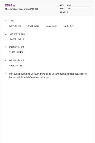 Phép trừ các số trong phạm vi 100 000