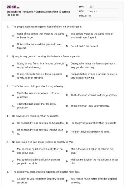Trắc nghiệm Tiếng Anh 7 Global Success Unit 10 Writing (có đáp án)