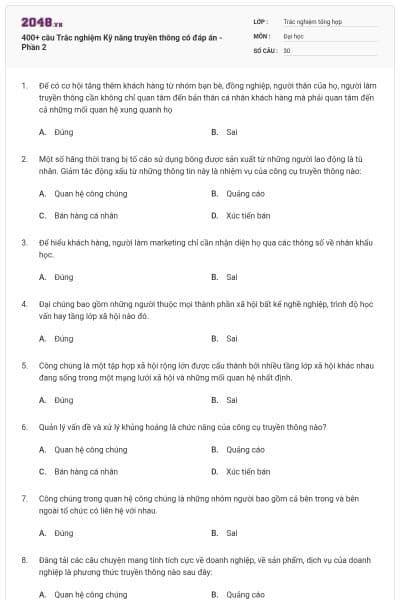 400+ câu Trắc nghiệm Kỹ năng truyền thông có đáp án - Phần 2