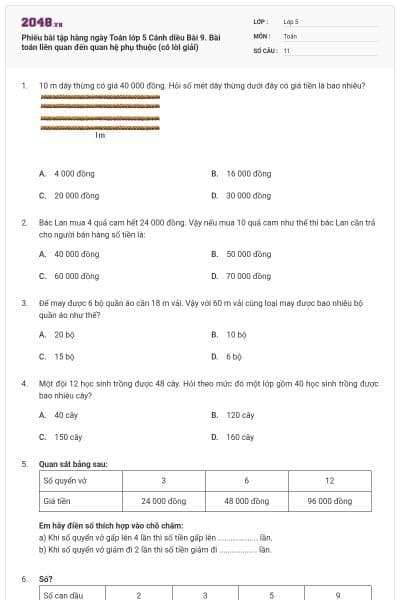 Phiếu bài tập hàng ngày Toán lớp 5 Cánh diều Bài 9. Bài toán liên quan đến quan hệ phụ thuộc (có lời giải)