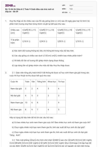 Bộ 10 đề thi Giữa kì 2 Toán 9 Cánh diều cấu trúc mới có đáp án - Đề 09