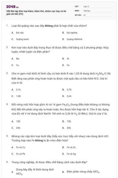 280 Bài tập Kim loại kiềm, kiềm thổ, nhôm cực hay có lời giải chi tiết (P3)