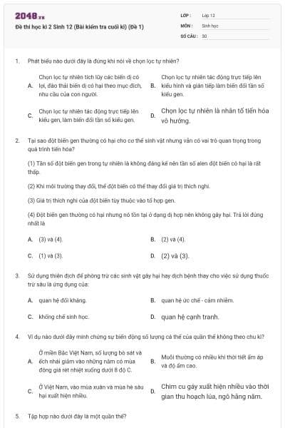 Đề thi học kì 2 Sinh 12 (Bài kiểm tra cuối kì) (Đề 1)