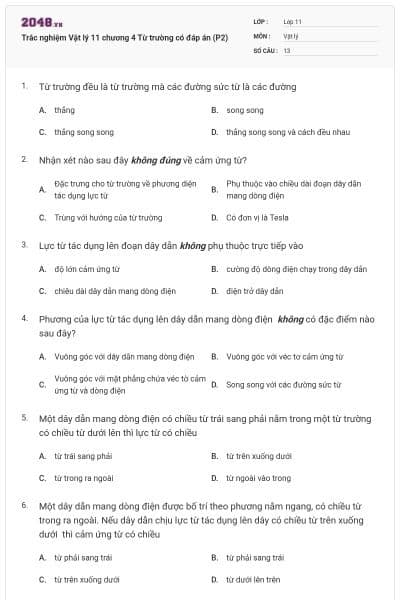 Trắc nghiệm Vật lý 11 chương 4 Từ trường có đáp án (P2)