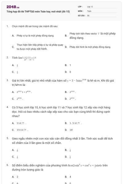 Tổng hợp đề thi THPTQG môn Toán hay, mới nhất (đề 15)