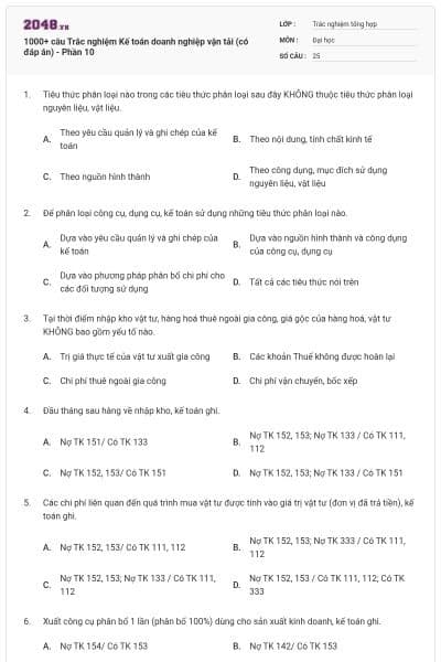 1000+ câu Trắc nghiệm Kế toán doanh nghiệp vận tải (có đáp án) - Phần 10