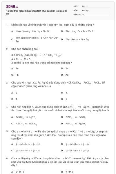 15 Câu trắc nghiệm luyện tập tính chất của kim loại có đáp án