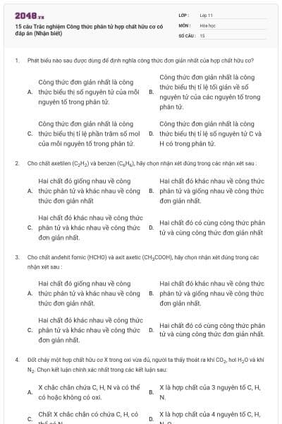15 câu  Trắc nghiệm Công thức phân tử hợp chất hữu cơ có đáp án (Nhận biết)