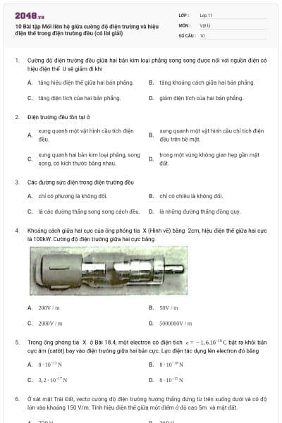 10 Bài tập Mối liên hệ giữa cường độ điện trường và hiệu điện thế trong điện trường đều (có lời giải)