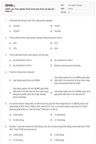 1000+ câu Trắc nghiệm Thuế và kế toán thuế (có đáp án) - Phần 23