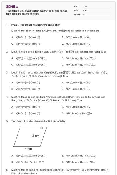 Trắc nghiệm Chu vi và diện tích của một số tứ giác đã học lớp 6 (có đúng sai, trả lời ngắn)