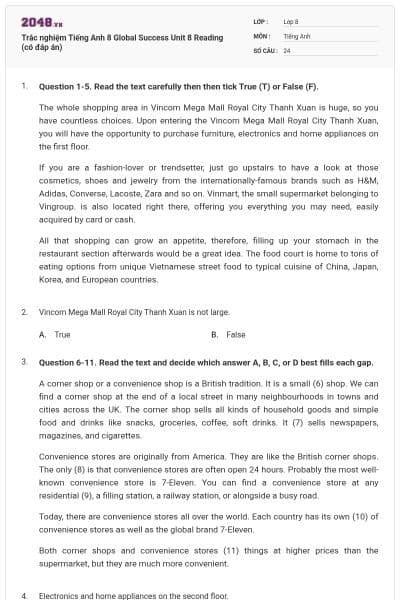 Trắc nghiệm Tiếng Anh 8 Global Success Unit 8 Reading (có đáp án)