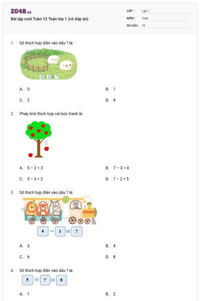 Bài tập cuối Tuần 12 Toán lớp 1 (có đáp án)