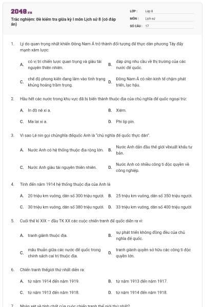 Trắc nghiệm: Đề kiểm tra giữa kỳ I môn Lịch sử 8  (có đáp án)