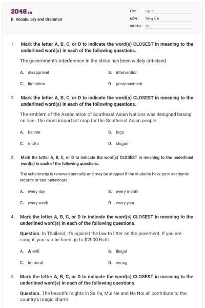 II. Vocabulary and Grammar