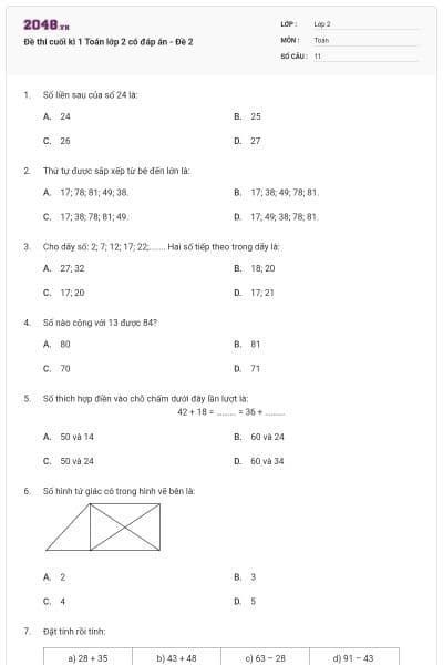 Đề thi cuối kì 1 Toán lớp 2 có đáp án - Đề 2