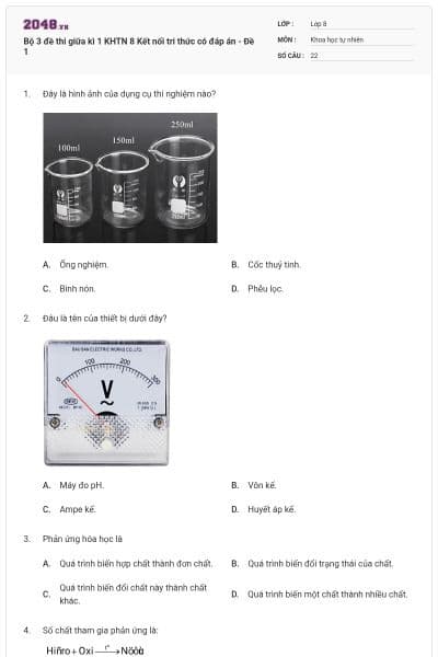 Bộ 3 đề thi giữa kì 1 KHTN 8 Kết nối tri thức có đáp án - Đề 1