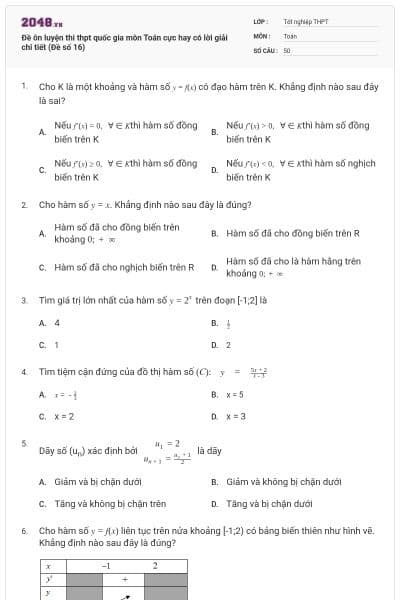 Đề ôn luyện thi thpt quốc gia môn Toán cực hay có lời giải chi tiết (Đề số 16)
